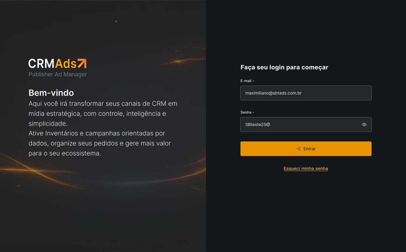 Tela de login do CRMAds Publisher Ad Manager