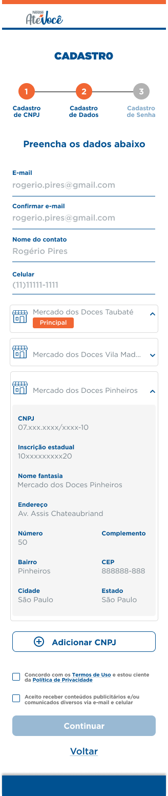Cadastro multiloja com CNPJ matriz marcado como Principal e filiais listadas