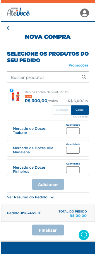 Compra multiloja: um produto, três lojas, quantidade por loja