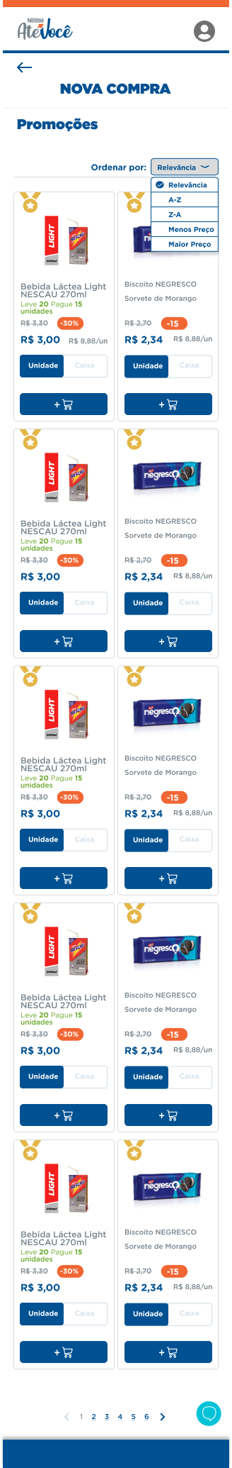 Catálogo de promoções com ordenação e preço por unidade ou caixa