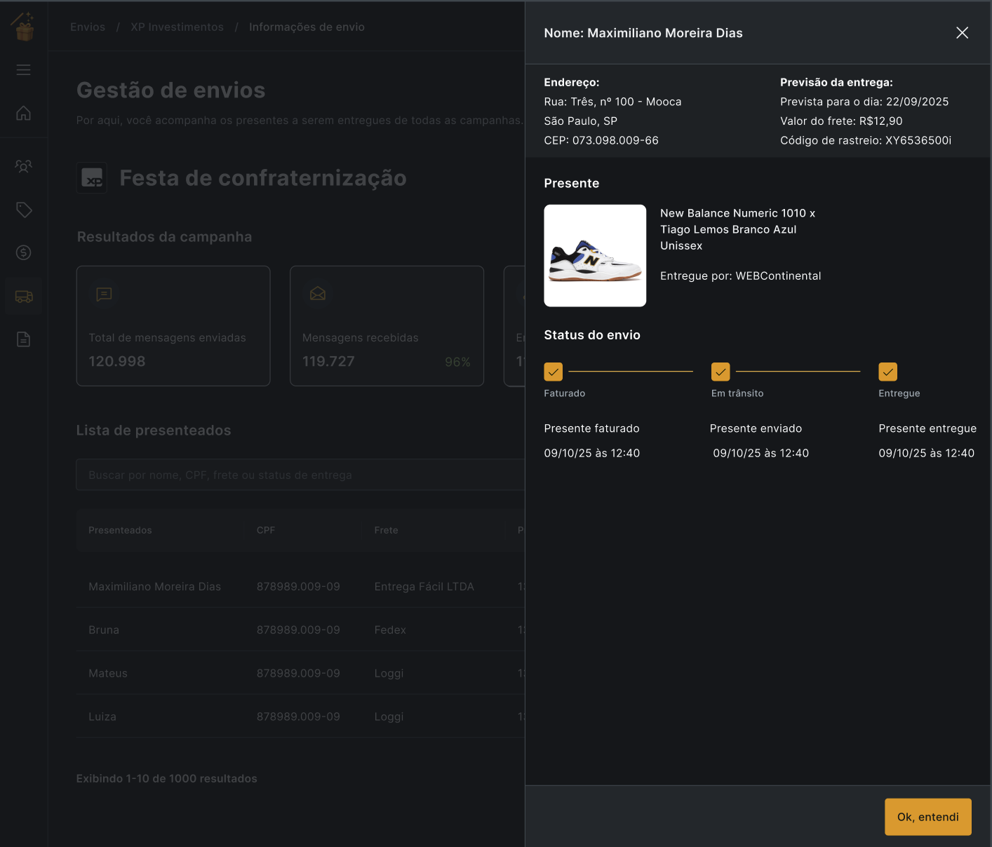Detalhe de envio individual com endereço, produto, transportadora e status faturado, em trânsito, entregue