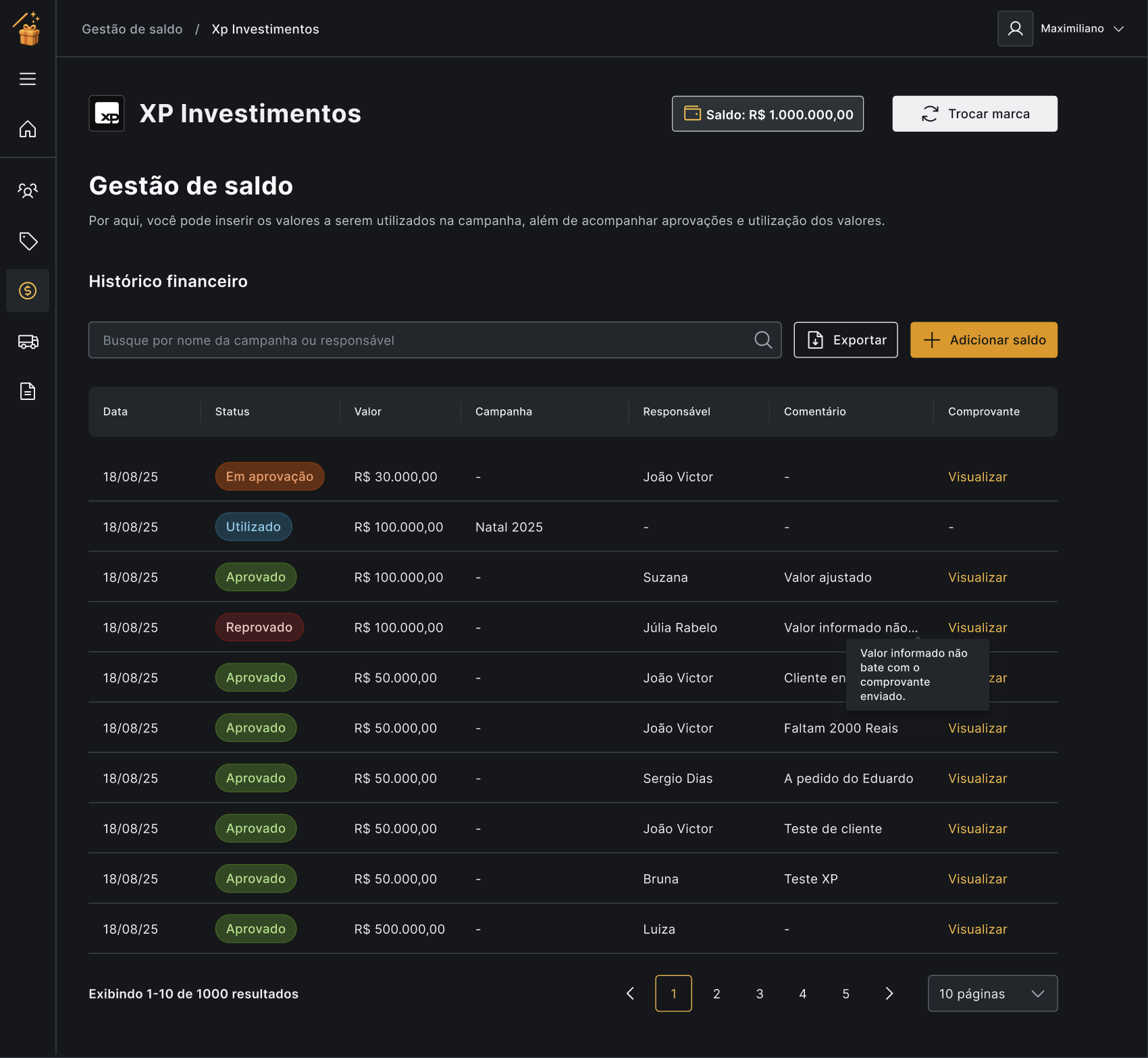 Histórico financeiro com status em aprovação, aprovado, reprovado e utilizado