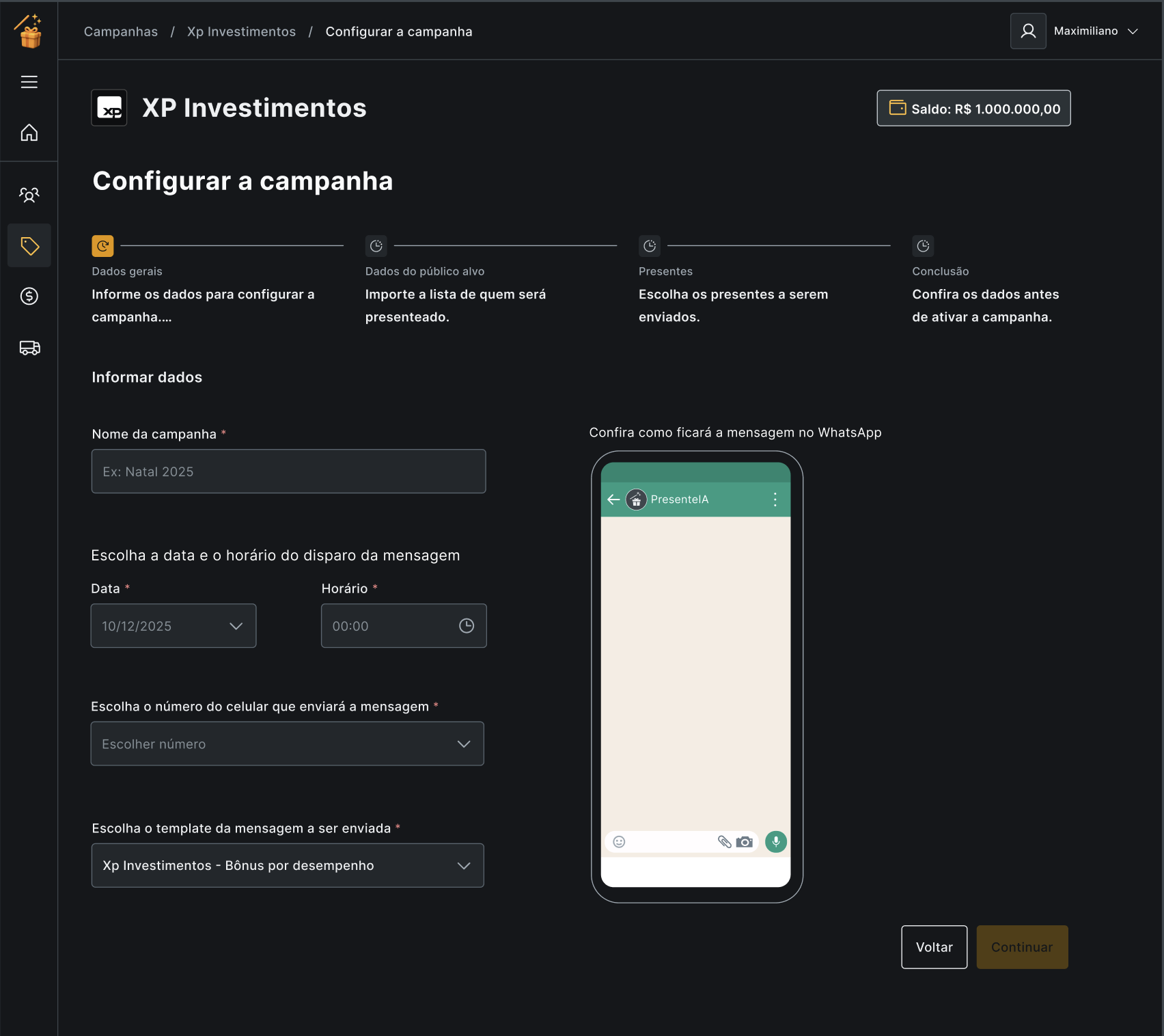 Primeiro passo do wizard: dados da campanha e prévia da mensagem no WhatsApp