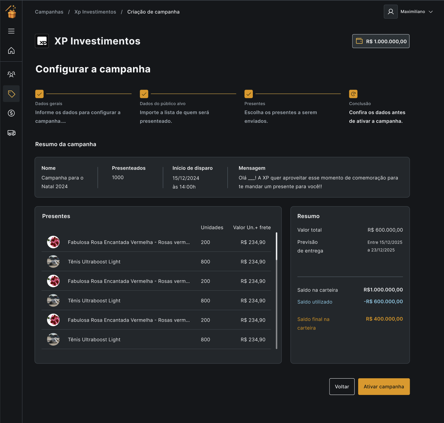 Resumo final da campanha com presentes, valor total e saldo restante